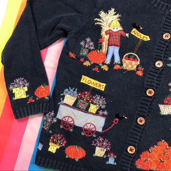 Vintage 90s Embroidered Long Sleeve Cardigan Fall Autumn Pumpkins - Picture 2 of 6
